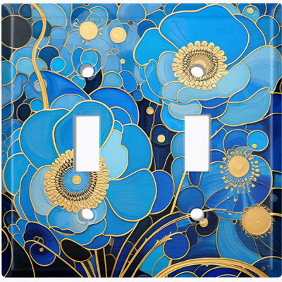 Couvercle de plaque d'interrupteur en métal; Bascule de taille standard US à 2 bandes - Fleurs bleues de style Klimt