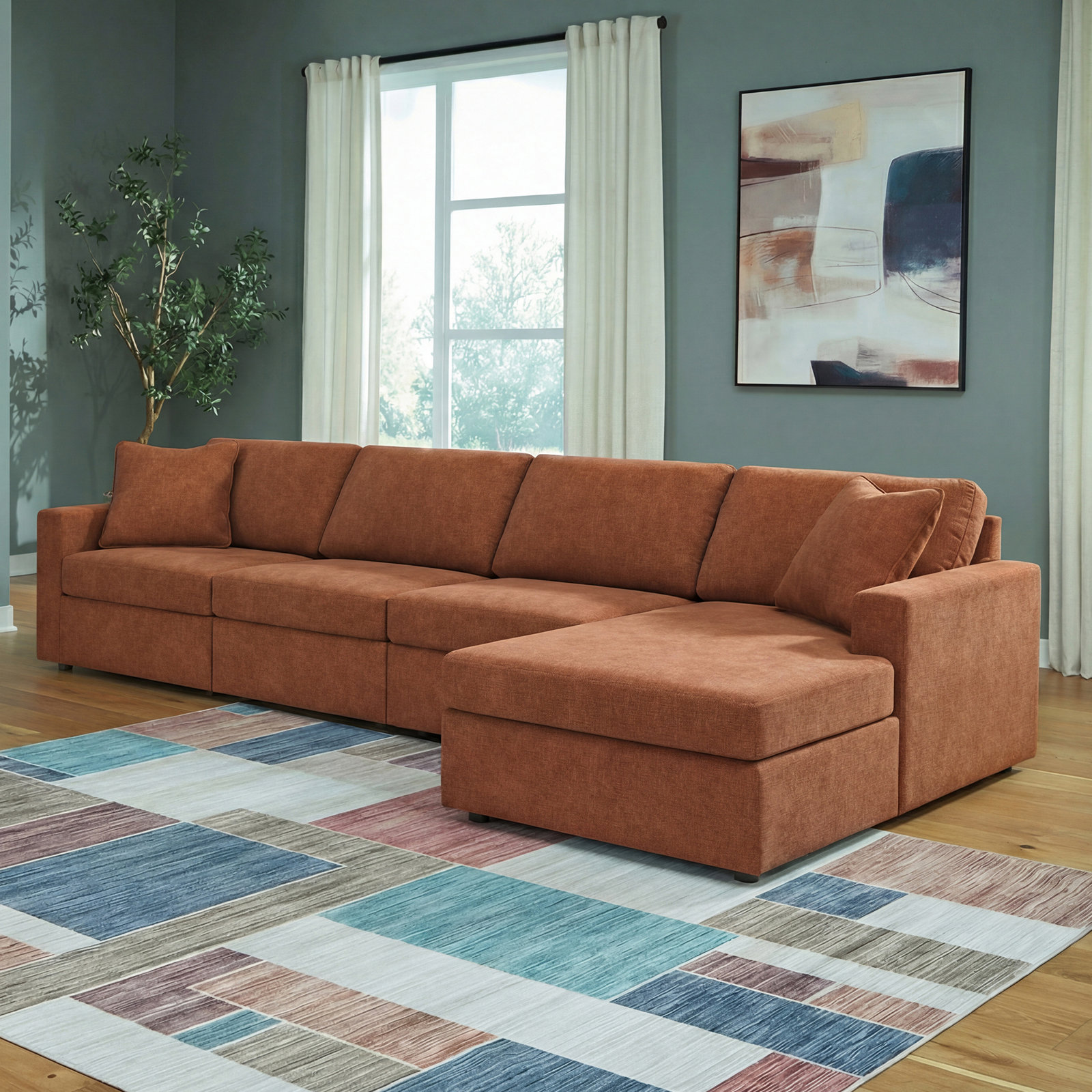 Modular Sectional, 36" H x 140" W x 68"D, Right Hand Facing, Brown Polyester