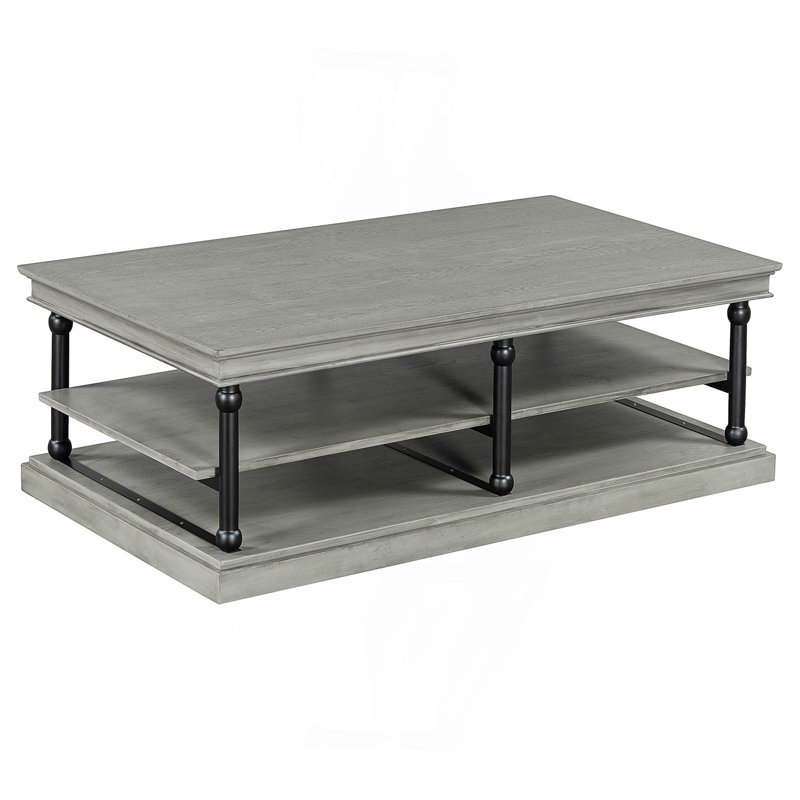 Table basse Bard, placage gris 55 po, tablettes à 2 niveaux, pieds en métal noir, Gris / Noir