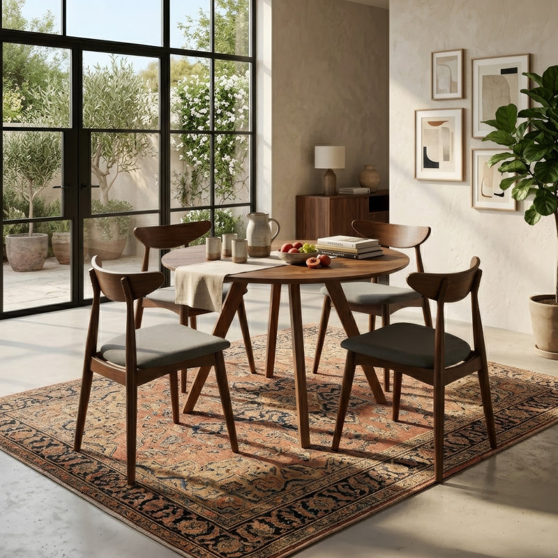 Ensemble de table de salle à manger Kios 5 pièces, pieds évasés, dossier courbé, brun
