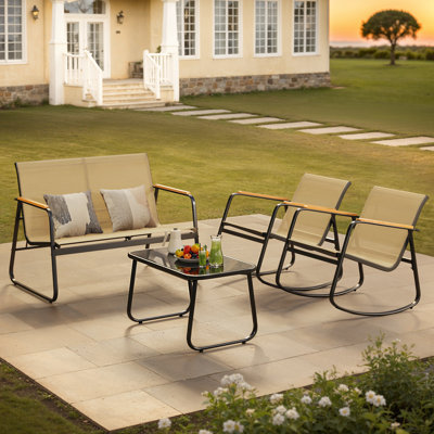 4-Person Cooling PVC-coated polyester Outdoor Patio Seating Group with Loveseat, Rocking Chairs & Solid Wood Armrests