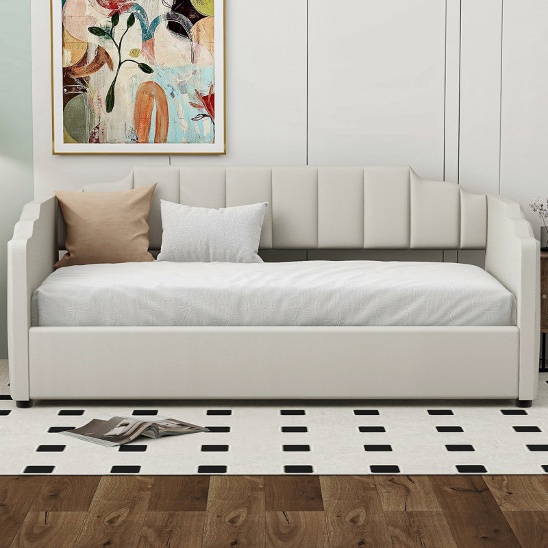 Lit de jour rembourré avec rangement inférieur, taille simple, beige