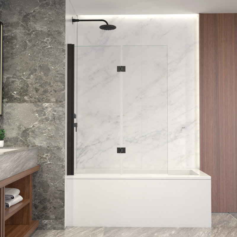 Flora 42" W X 55" H Frameless Bi-Fold Folding Tub Door With Clear Glass, Matte Black