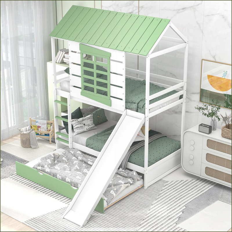 Double sur simple pin massif & amp; Lit superposé en panneau de fibres à densité moyenne avec glissière convertible Lit gigogne, blanc et vert