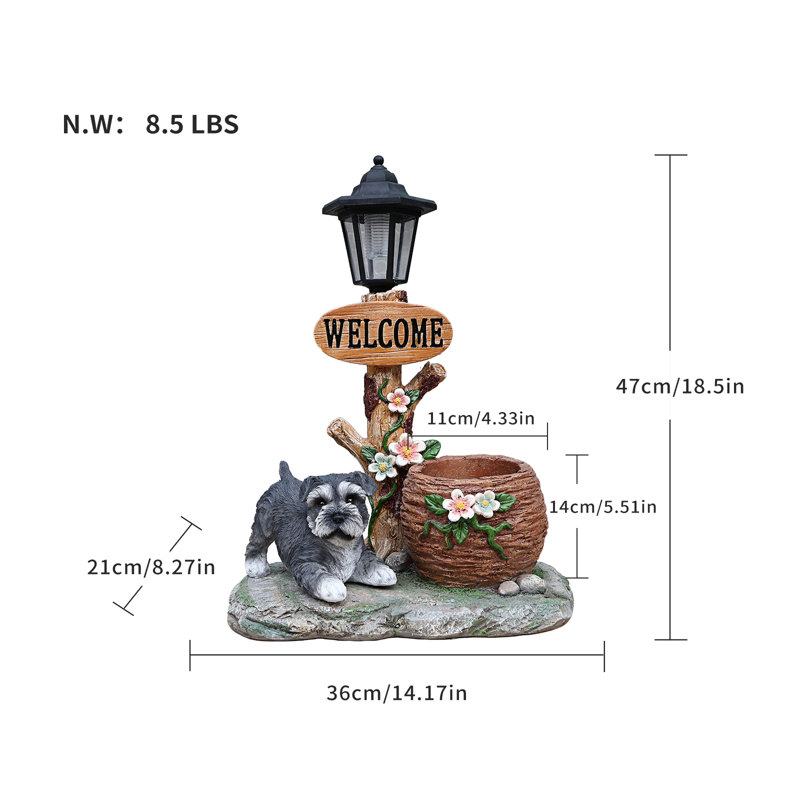 Statue de jardin Schnauzer avec lumière solaire, joli pot de fleurs