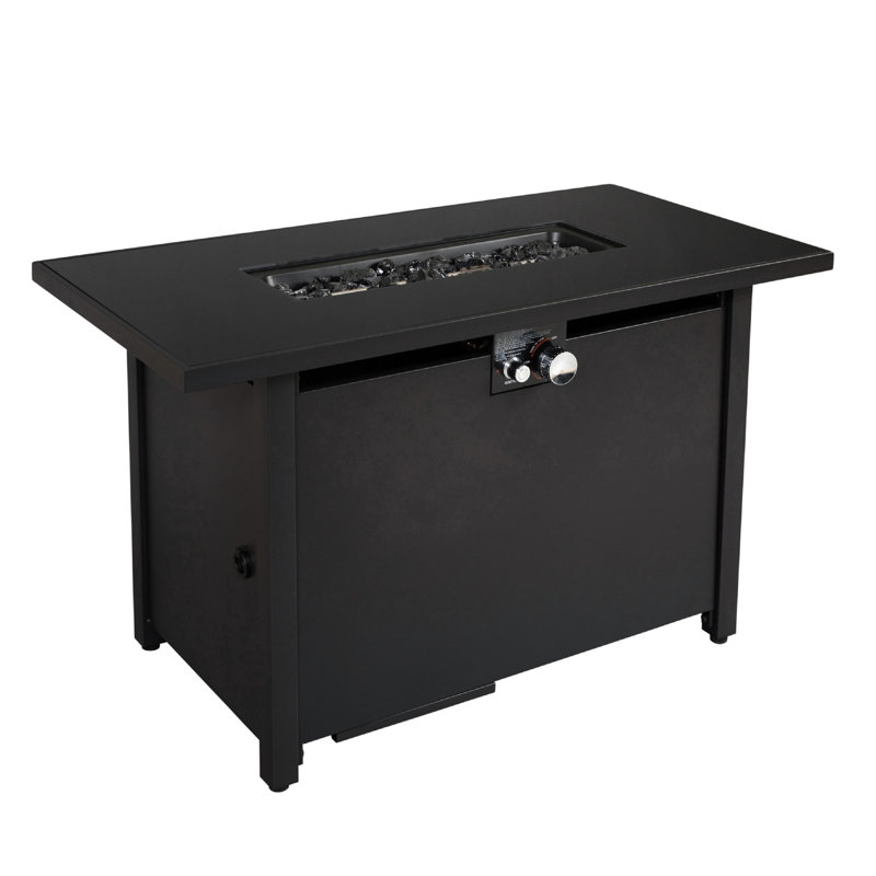 Table de foyer d'extérieur en acier, H 25 po x l 42 po, 50000, chaleur, noir, style jardin moderne noir et rouille intégrée