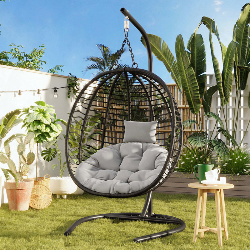Fauteuil à œufs suspendu pliable pour une personne avec pieds réglables et appui-tête amovible, Gris, Noir