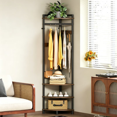 Corner Hall Tree with Shoe Rack and 6 Metal Hooks, Floor Standing Coat Rack Organizer for Entryway, Home Office, Bedroom, Rustic Brown