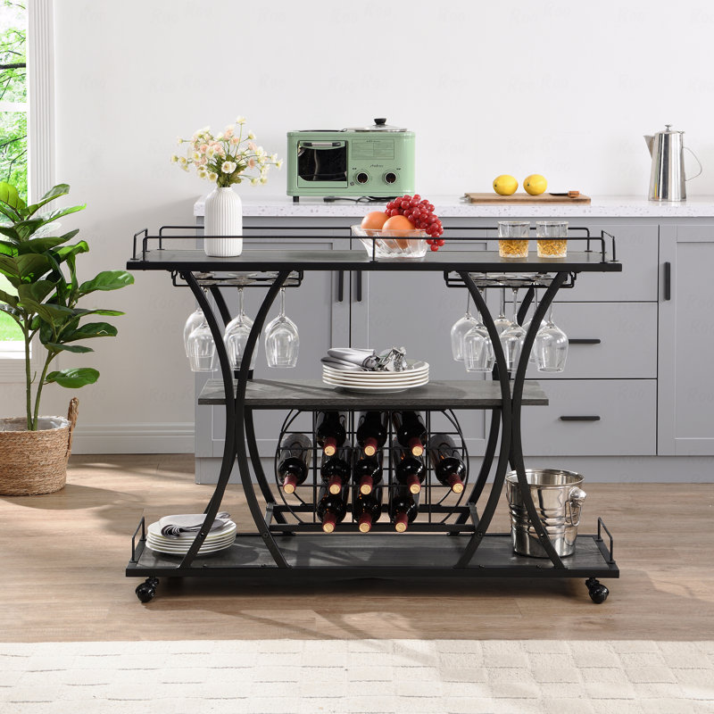 Industrial Bar Cart Kitchen Bar&Serving Cart for Home with Wheels 3 -Tier Storage Shelves, Black