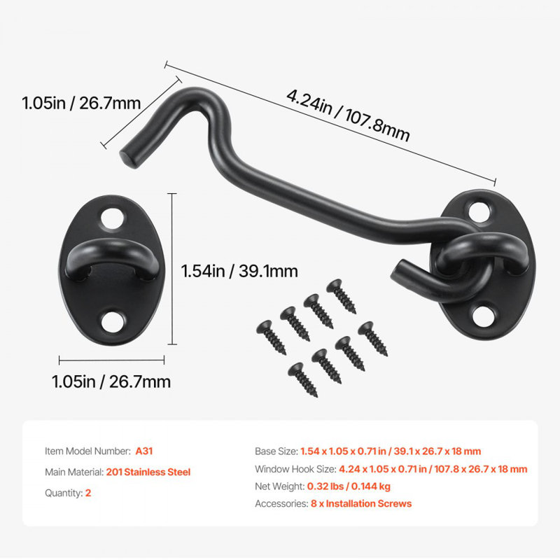 Hook and Eye Gate Latch Barn Door Latch Hook with Mounting Screws
