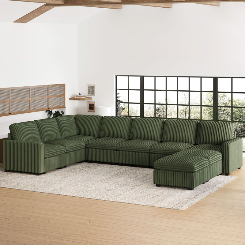 Oversized U Shaped Modular Corner Sectional Sofa With Storage Ottoman, Green Corduroy