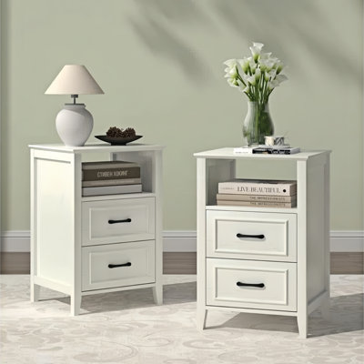 Ensemble de 2 tables de chevet blanches modernes, tables de chevet à cadre en relief avec 2 tiroirs en bois et compartiment de rangement ouvert pour la décoration de la chambre à coucher