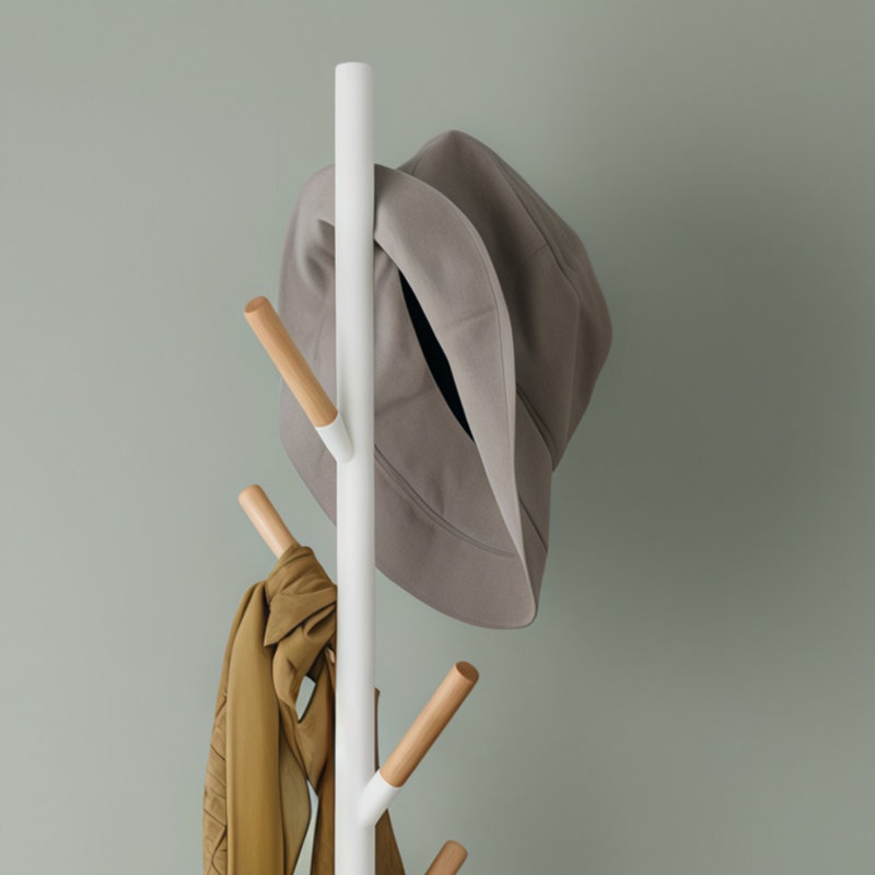 White Modern Steel Coat Rack With Cleverly Placed Wooden Hooks, Weighted Base For Stability, Easy To Assemble And Suitable For Entryways.