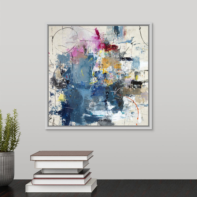 « justified play time », peinture sur toile, H 13,7 po x l 13,7 po x P 1,75 po, Cadre flottant blanc