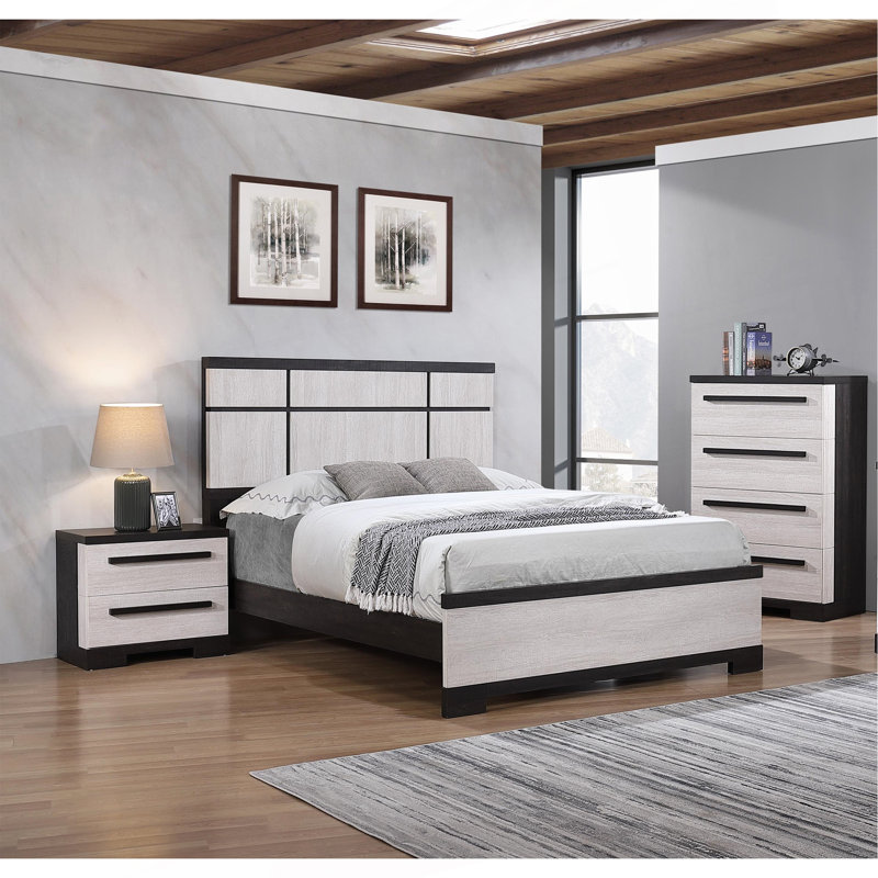 Lit de panneau contemporain 1Pc, Crème, crème, Grand lit