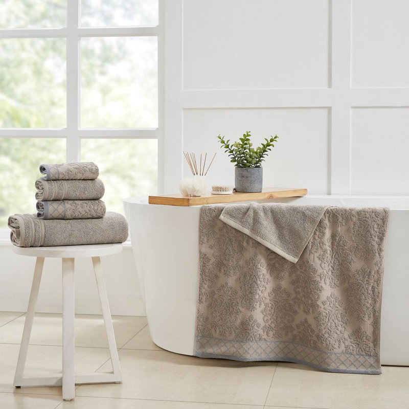 Modern Threads 6-Piece Damask Jacquard/Solid Ultra Soft 550GSM 100% Combed Cotton Towel Set with Embellished Borders, Taupe
