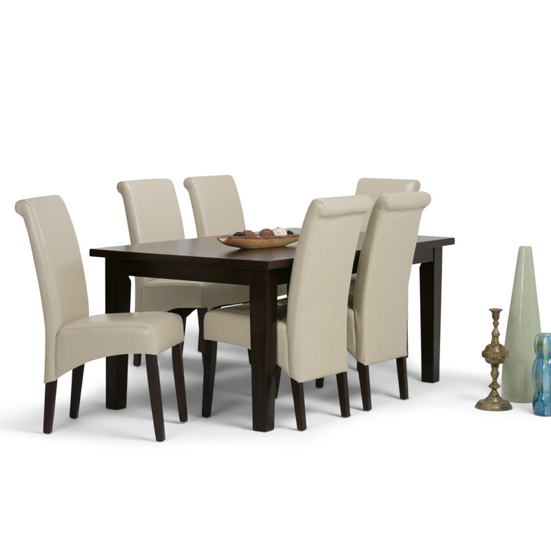 Avalon 7-Piece Contemporary Dining Set with Solid Hardwood Table and 6 Upholstered Chairs, Satin Cream