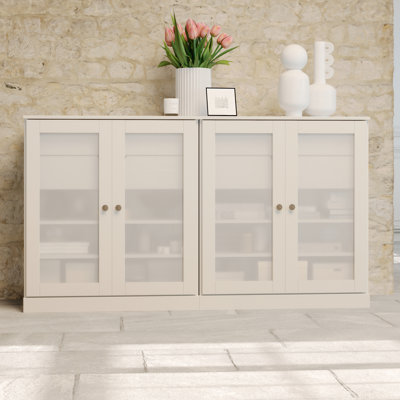 Buffet 100% bois massif 64 po avec portes en verre givré, 4 tiroirs et tablettes réglables