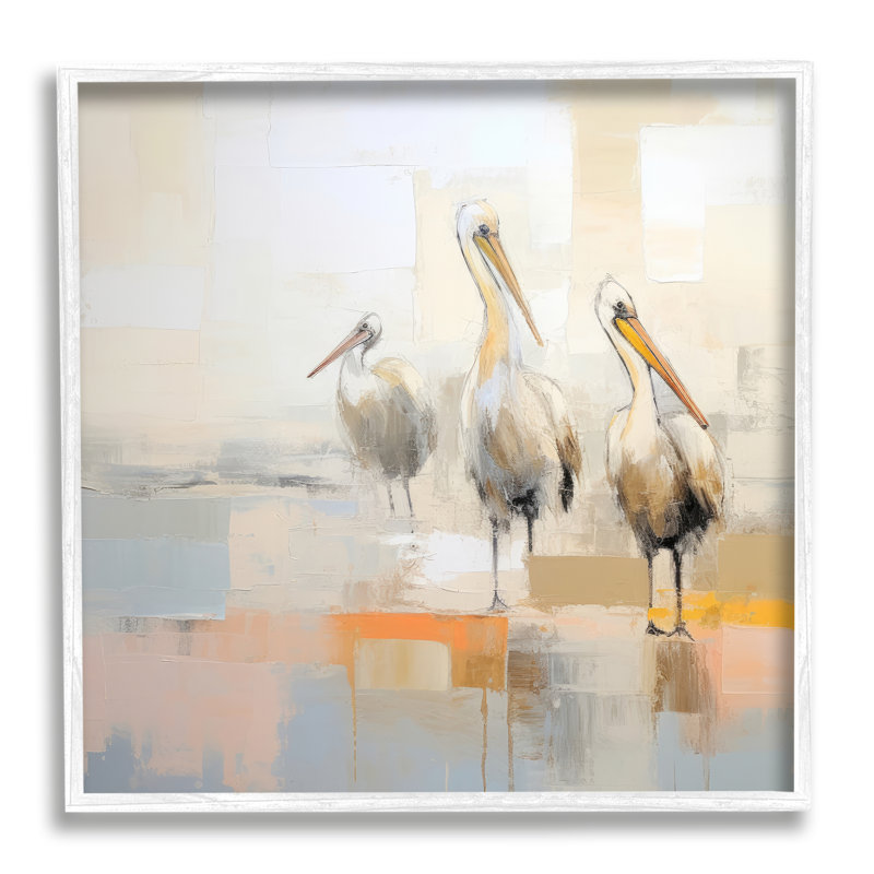Az-107-Abstrait trois pélicans encadrés, Giclée encadrée blanc bord de mer, H 24 po x l 24 po x P 1,5 po