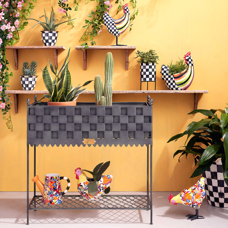 Black and White Ceramic Planter with Metal Stand