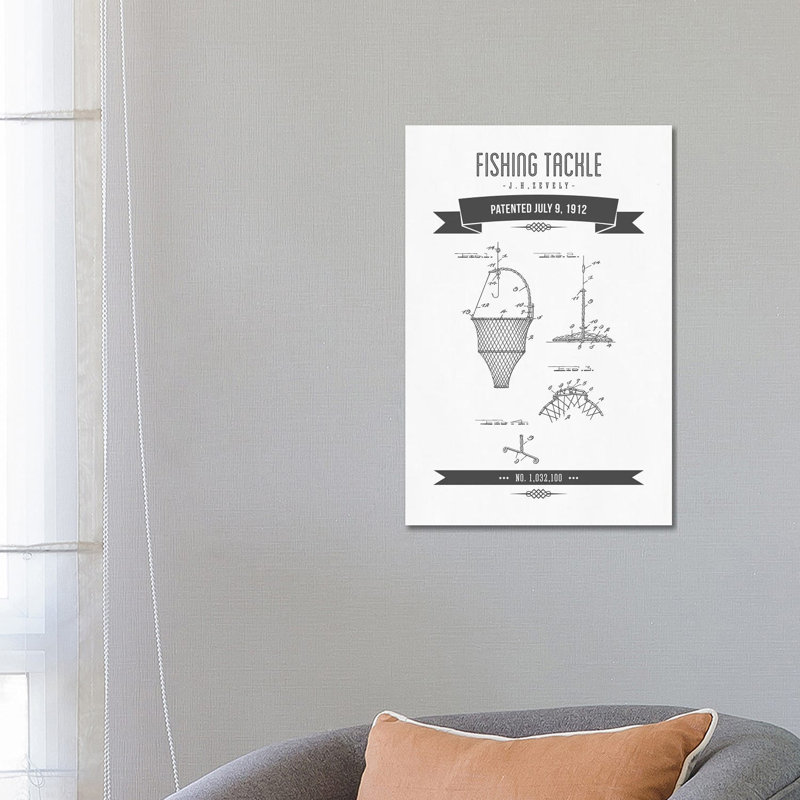 J.H. Zevely Fishing Tackle Patent Sketch Retro (Charcoal) by Aged Pixel - Wrapped Canvas Gallery-Wrapped Canvas Giclée