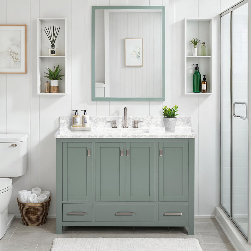 Souther 48" Single Bathroom Vanity with Top, Carrera White Marble, Brushed Nickel, Smoke Green
