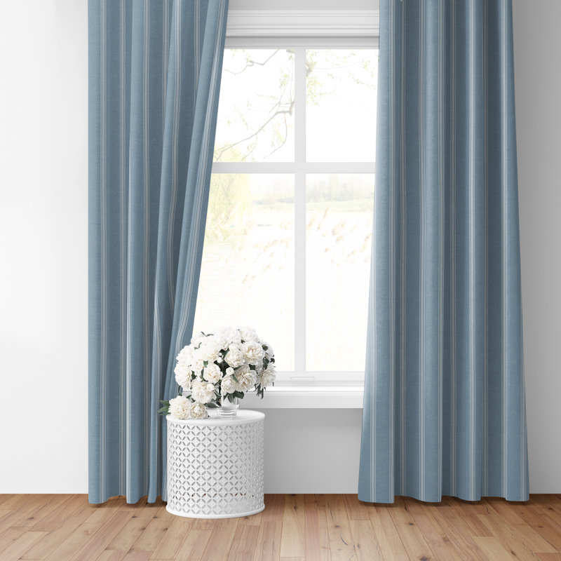 Shay Broad Ticking Stripe Cornflower Cotton Rod Pocket Drapery Panel Set of 2, 50" W x 108" L