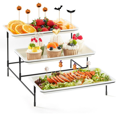 3 Tier Plastic Serving Tray For Party Supplies, Platters For Serving Food, Reusable Trays With Metal Display Stand For Veggie, Fruit, Cookies, Dessert