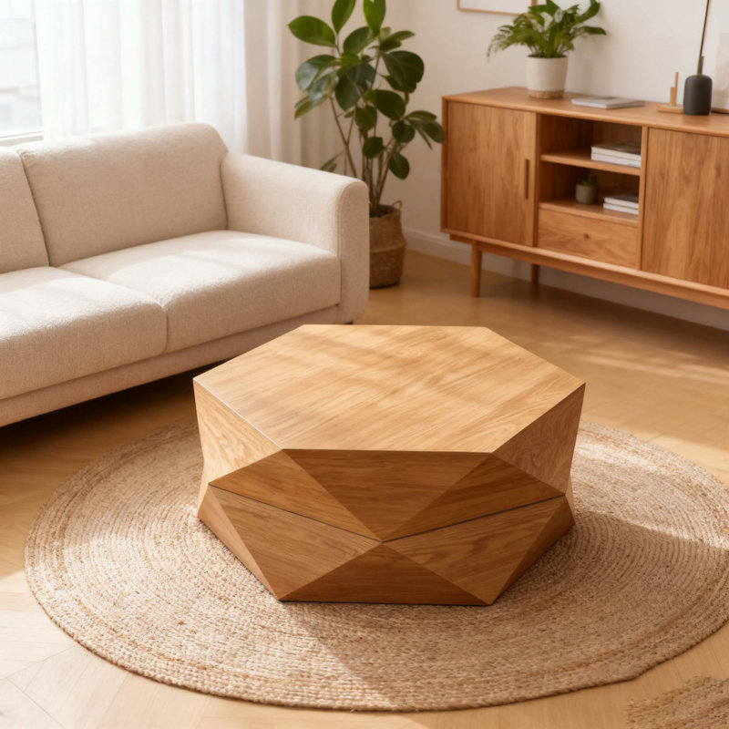 Table basse à plateau rabattable rétro avec rangement caché, placage en bois massif pour le salon et le bureau, Naturel