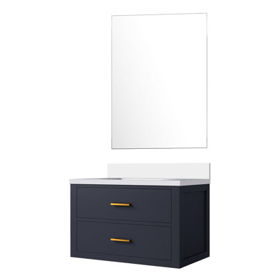 30 po L x P 22 po. Meuble-lavabo bleu avec comptoir en quartz blanc et miroir 28 inclus, P 30 po 22 po, comptoir, miroir inclus, fermeture en douceur
