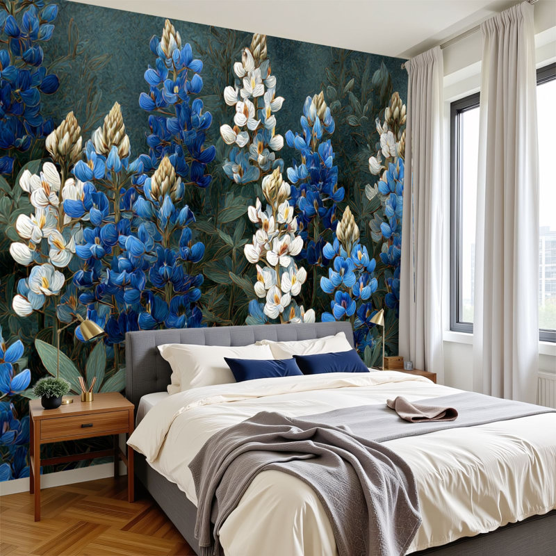 Papier peint adhésif mural à motif floral rétro H 100 po x l 144 po mural auto-adhésif amovible en PVC Bluebonnet