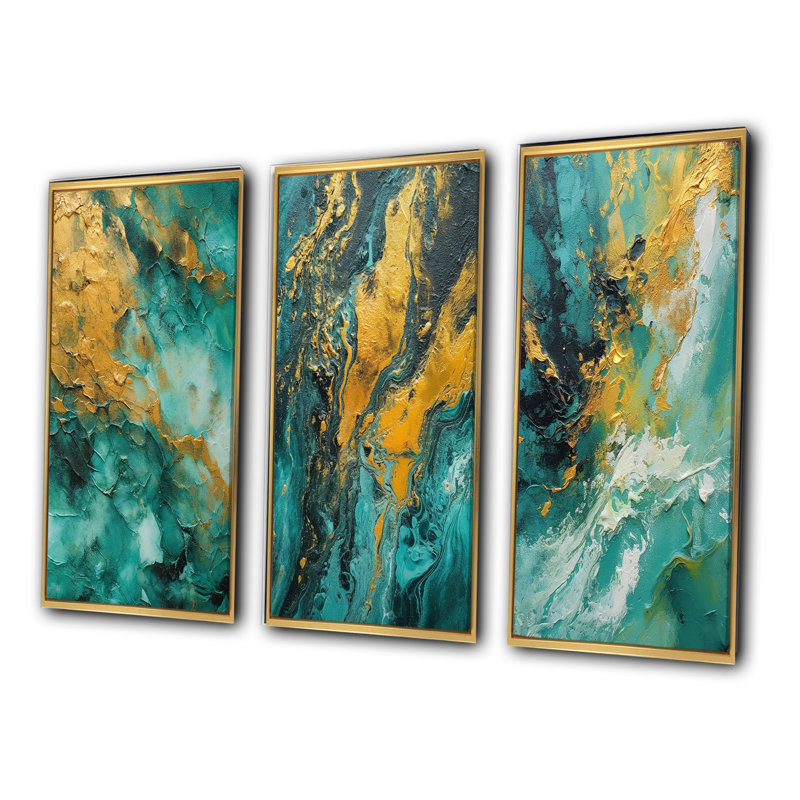 Golden Turquoise Waves Breaking Abstract - formes abstraites, ensemble de 3 pièces, Cadre flottant doré, H 28 po x l 36 po