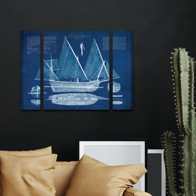 Ensemble de 3 panneaux muraux - Art mural sur toile «Antique Ship Blueprint Iii» par Studio Vision 