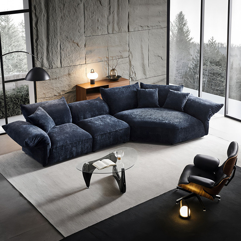 Petal-Shaped Corduroy Sofa with Adjustable Curved Backrest – 5-Seater Statement Couch, Blue