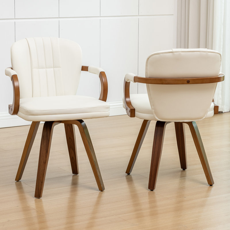 Mid Century Modern Leather Upholstered Swivel Dining Chairs With Arms, White