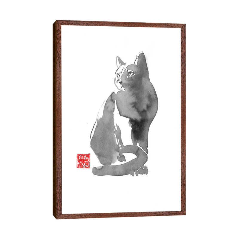 Grey Cat by Péchane - Painting on Canvas, 101.6 cm H x 66.04 cm W, Classic Brown Wood Framed