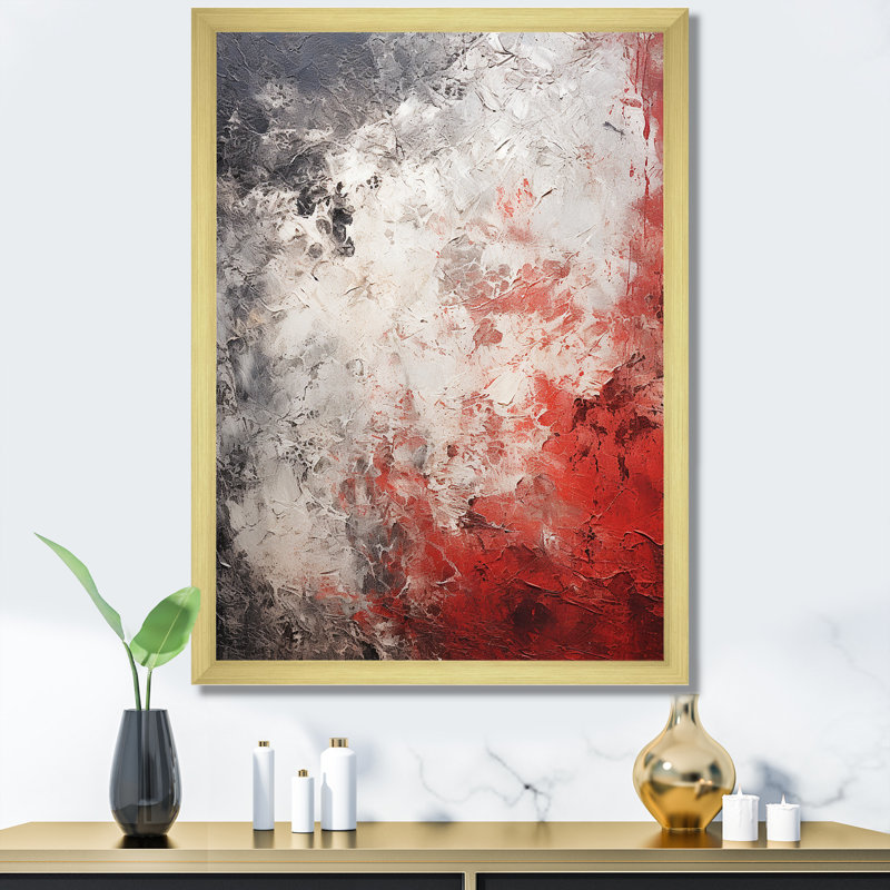 Surface lunaire grise et rouge - Décoration murale Tachisme, Cadre doré simple, H 20 po x l 12 po x P 1 po
