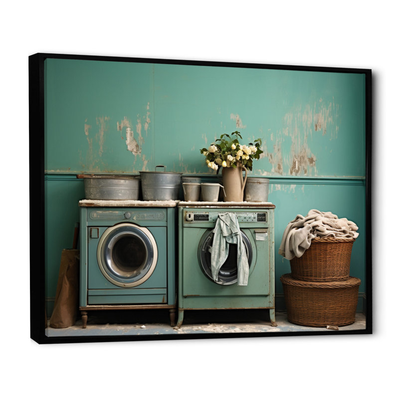 Turquoise Vintage Laundry Room II - impression, Cadre flottant noir, H 16 po x l 32 po x P 1 po