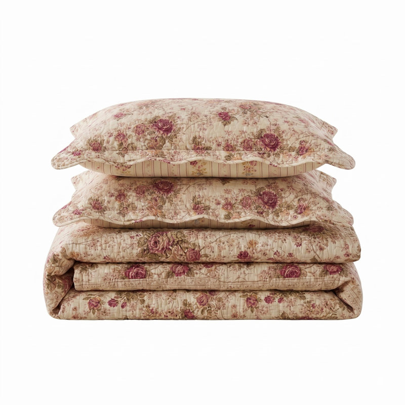 Antique Rose Cotton Reversible Quilt Set, Full/Queen Quilt + 2 Shams, Ecru
