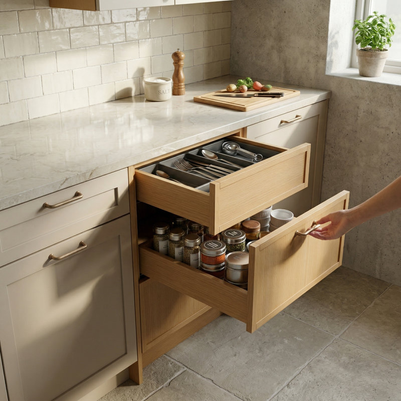 Armoire moderne en chêne blanc avec 3 tiroirs, fabrication de boîtes en contreplaqué, conception de shaker étroit, glissières à fermeture en douceur sous le comptoir, tailles multiples pour des aménagements personnalisés (12 po à 36 po)