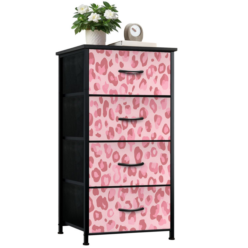Commode pour chambre à coucher avec 4 tiroirs de rangement à imprimé léopard rose à taches abstraites