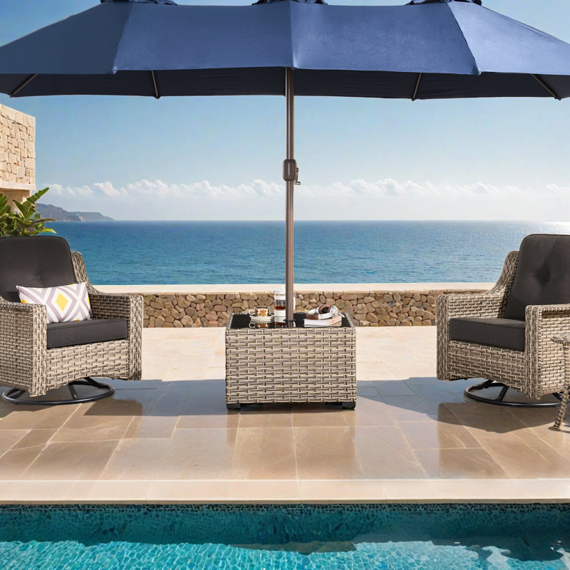 Emanuell Square Glass, Wicker / Rattan Outdoor Coffee Table With Umbrella Hole, Light Brown
