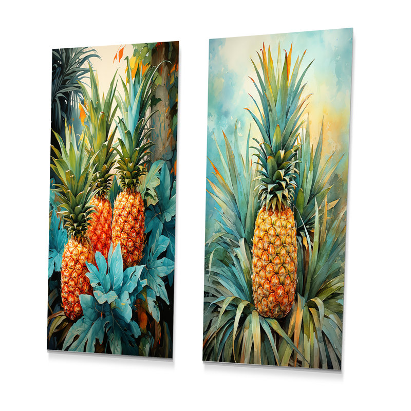 Ensemble de salon vert et bleu avec ananas tropicaux I - fruits, art mural en métal, H 32 po x l 32 po