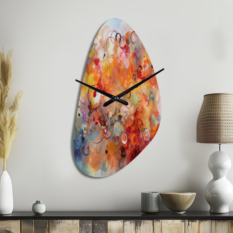 Horloge murale géométrique asymétrique orange, rouge et marbré Dreamscape I, Grand
