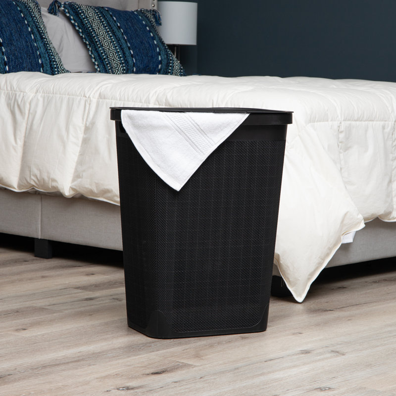  Slim Laundry Hamper, Clothes Basket, Lid, Linen Design, Plastic, Black