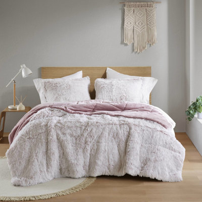 Rose et blanc, édredon en fausse fourrure à poils longs, lit double / grand, 3 pièces, rembourrage, revers doux, lavage en machine séparément, - double / grand, chaud, cycle doux