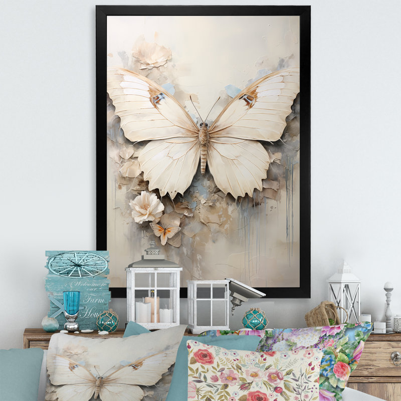 Minimalisme, papillon beige - art mural papillon, H 20 po x l 12 po x P 1 po, Cadre simple noir