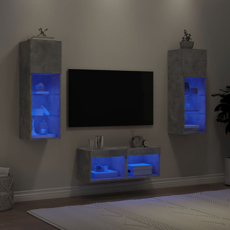  4 Piece TV Wall Cabinets With LED Lights, Concrete Grey