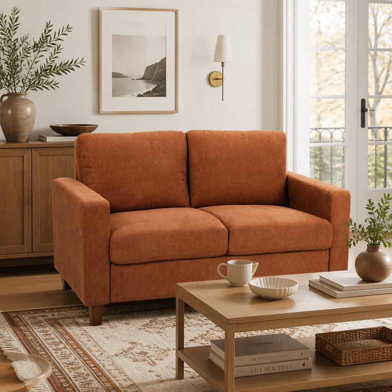 Causeuse 2 places Mid-Century moderne avec coussins en mousse haute densité, Orange Polyester