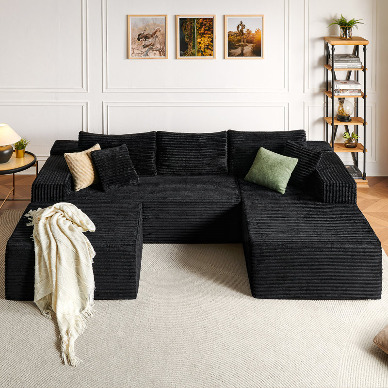 Canapé modulaire en forme de U 108 po avec méridienne noire et repose-pieds en velours côtelé noir, BLACK